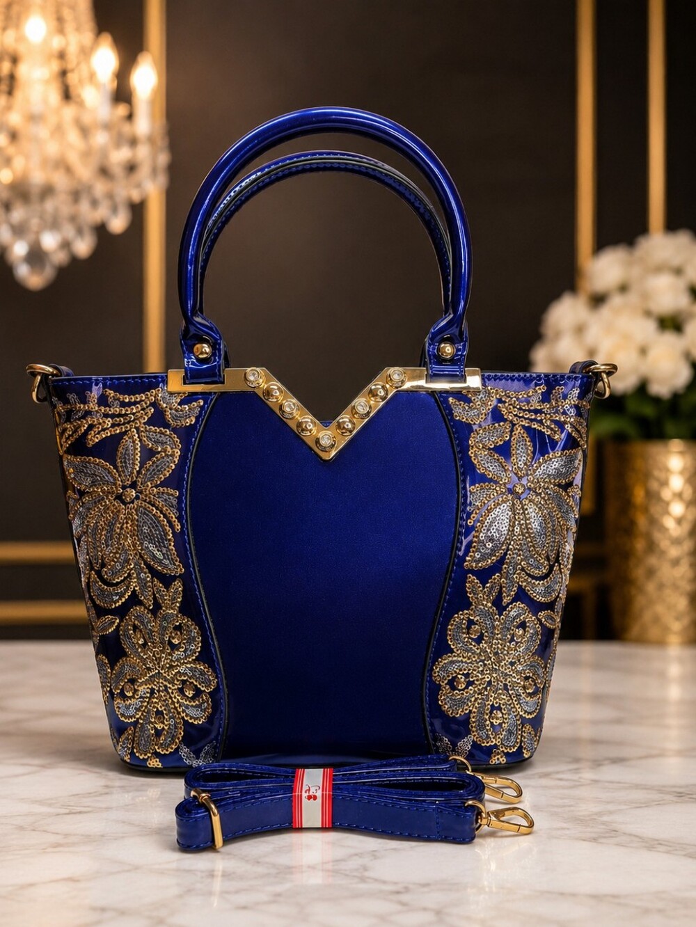 GMYLE Blue Patent Rhinestone Sequin Glam Tote Crossbody Bag